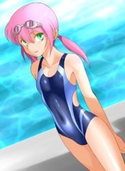 Rule 34 | 1boy, competition swimsuit, covered navel, crossdressing, ebi-rom, goggles, goggles on head, green eyes, inazuma eleven, inazuma eleven (series), inazuma eleven go, kirino ranmaru, male focus, one-piece swimsuit, pink hair, solo, swimsuit, trap, twintails