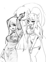 Rule 34 | 2girls, alma elma, breasts, camel (dansen), cleavage, cross, cross necklace, demon girl, demon wings, female focus, horns, jewelry, long hair, mon-musu quest!, monochrome, monster girl, multiple girls, necklace, pointy ears, tail, tail vore, vore, wings