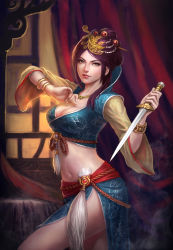Rule 34 | 1girl, blue skirt, bracelet, breasts, brown eyes, chinese clothes, cleavage, collarbone, curtains, dagger, holding, holding weapon, indoors, jewelry, knife, large breasts, lips, long hair, looking at viewer, lots of jewelry, midriff, navel, necklace, original, purple hair, sakura1981, sakura (ajrhine), short hair, side slit, sidelocks, skirt, solo, standing, stomach, tiara, weapon, window