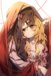 Rule 34 | 2girls, bare shoulders, blonde hair, blush, breasts, brown eyes, brown hair, collarbone, commentary request, detached sleeves, eye contact, hair tubes, hakurei reimu, kirisame marisa, long hair, long sleeves, looking at another, multiple girls, no headwear, no headwear, piyokichi, profile, sidelocks, simple background, sketch, small breasts, string, string of fate, touhou, under covers, upper body, white background, wide sleeves, yellow eyes