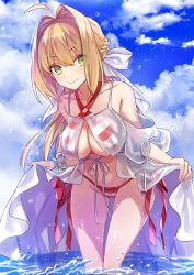 Rule 34 | 1girl, ahoge, bikini, blonde hair, braid, breasts, cleavage, closed mouth, clothes lift, cloud, cloudy sky, criss-cross halter, day, dress, dress lift, fate/grand order, fate (series), front-tie top, green eyes, hair intakes, hair ribbon, halterneck, large breasts, leaning forward, long hair, looking at viewer, nero claudius (fate), nero claudius (fate) (all), nero claudius (swimsuit caster) (fate), nero claudius (swimsuit caster) (third ascension) (fate), outdoors, ribbon, side-tie bikini bottom, sky, smile, solo, striped bikini, striped clothes, swimsuit, wading, water, yuzuki karu
