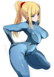 Rule 34 | 1girl, ario, blonde hair, blue eyes, bodysuit, breasts, female focus, hand on own hip, large breasts, long hair, metroid, nintendo, ponytail, samus aran, shiny clothes, sidelocks, simple background, solo, white background, zero suit