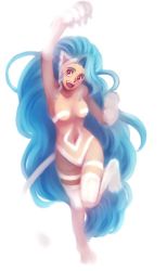 Rule 34 | 1girl, :d, akaza shiro, animal ears, animal hands, arm up, bare shoulders, big hair, capcom, cat ears, derivative work, felicia (vampire), fur, happy, jumping, long hair, open mouth, pink eyes, smile, solo, standing, standing on one leg, vampire (game), very long hair, white background