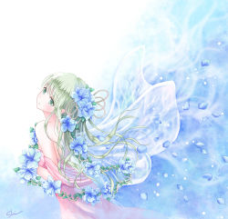 Rule 34 | 1girl, back, bare shoulders, beads, blue background, blue flower, blush, cowboy shot, dress, eyebrows, fairy, flower, from side, green eyes, green hair, hair beads, hair flower, hair ornament, highres, jewelry, long hair, matching hair/eyes, original, parted lips, petals, pink dress, shawl, shino (shinderera), signature, solo, strapless, strapless dress, transparent wings