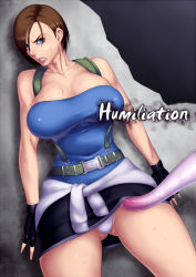 Rule 34 | 1girl, against wall, belt, blue eyes, breasts, brown hair, cleavage, clothes around waist, collarbone, cover, cover page, fingerless gloves, gloves, harness, huge breasts, imminent rape, jill valentine, miniskirt, panties, parted bangs, pencil skirt, resident evil, resident evil 3, resident evil 3: nemesis, sawao, short hair, skirt, solo, sweat, sweater, sweater around waist, tentacles, underwear, upskirt, white panties