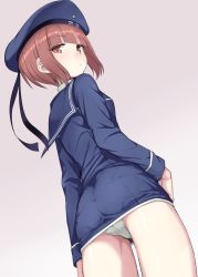 Rule 34 | 10s, 1girl, blunt bangs, breasts, brown eyes, brown hair, closed mouth, cowboy shot, dress, dutch angle, expressionless, from below, gradient background, half-closed eyes, hat, kantai collection, kumadano, looking back, panties, pantylines, pantyshot, short dress, short hair, simple background, small breasts, solo, standing, thighs, turtleneck, underwear, upskirt, white panties, z3 max schultz (kancolle)