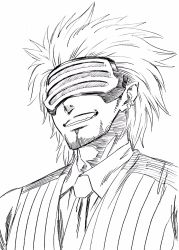 Rule 34 | 1boy, ace attorney, capcom, earrings, facial hair, goatee, godot (ace attorney), graphite (medium), greyscale, grin, hatching (texture), highres, jewelry, lee (dragon garou), male focus, monochrome, necktie, phoenix wright: ace attorney - trials and tribulations, sketch, smile, solo, traditional media, upper body, vest, visor