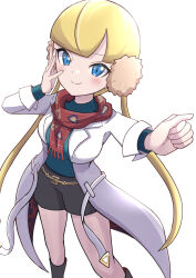 Rule 34 | 1girl, absurdres, belt, blonde hair, blue eyes, blunt bangs, blush, breasts, clenched hand, closed mouth, coat, commentary request, creatures (company), earmuffs, elesa (palentine&#039;s 2023) (pokemon), elesa (pokemon), game freak, green sweater, highres, long sleeves, medium breasts, nintendo, official alternate costume, open clothes, open coat, pokemon, pokemon masters ex, red scarf, rono (lethys), scarf, shorts, simple background, smile, solo, sweater, white background, white coat, yellow belt