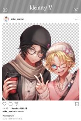 Rule 34 | 2boys, amatsubu, ascot, blue eyes, brown hair, checkered background, coffee cup, commentary request, cup, disposable cup, freckles, glasses, gloves, hat, heart, highres, identity v, instagram story, jacket, male focus, mike morton, multiple boys, official alternate costume, open mouth, post, scar, short hair, simple background, smile, suit jacket, v
