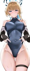 Rule 34 | 1girl, black gloves, blonde hair, blue archive, blue leotard, blush, breasts, covered navel, elbow gloves, fingerless gloves, gloves, gluteal fold, groin, hair ornament, halo, halter leotard, halterneck, highleg, highleg leotard, highres, large breasts, leotard, looking at viewer, maid headdress, parted lips, shiben (ugvu5784), simple background, skindentation, solo, thigh gap, thigh strap, thighs, toki (blue archive), white background, white headwear
