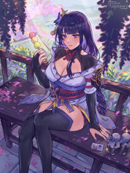 Rule 34 | 1girl, absurdres, bench, black gloves, black thighhighs, bottle, bridal gauntlets, commentary, dango, feet out of frame, food, genshin impact, gloves, grin, hand up, heart, highres, holding, holding food, japanese clothes, kimono, long braid, long hair, looking at viewer, lumine (genshin impact), nail polish, off shoulder, outdoors, parted lips, purple eyes, purple hair, purple kimono, purple nails, raiden shogun, raion rennes, sanshoku dango, sitting, smile, solo, thighhighs, thighs, very long hair, wagashi