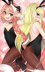 Rule 34 | 1boy, androgynous, animal ears, argyle, argyle background, argyle clothes, astolfo (fate), back, bare shoulders, black leotard, black ribbon, blonde hair, blue eyes, blush, braid, chevalier d&#039;eon (fate), choker, collarbone, commentary request, eyelashes, fang, fate/apocrypha, fate/grand order, fate (series), feathers, hair ribbon, hand up, high heels, highres, hip focus, leg up, leotard, long hair, looking at viewer, looking to the side, multicolored hair, open mouth, pantyhose, pink background, pink eyes, pink hair, rabbit ears, ribbon, sin (kami148), smile, streaked hair, swept bangs, thighs, two-tone hair, v, wrist cuffs