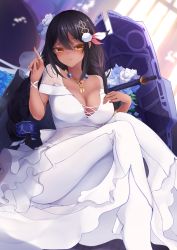Rule 34 | 1girl, azur lane, black hair, braid, breasts, commentary request, dark-skinned female, dark skin, dress, feather hair ornament, feathers, hair between eyes, hair ornament, indoors, jewelry, large breasts, long hair, looking at viewer, native american, necklace, reku hisui, ring, solo, south dakota (azur lane), wedding band, wedding dress, window, yellow eyes