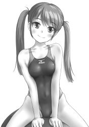 Rule 34 | 1girl, breasts, collarbone, commentary request, competition swimsuit, covered erect nipples, covered navel, greyscale, highres, long hair, mizuno (brand), monochrome, one-piece swimsuit, original, sitting, small breasts, smile, solo, straddling, swimsuit, tk4, twintails
