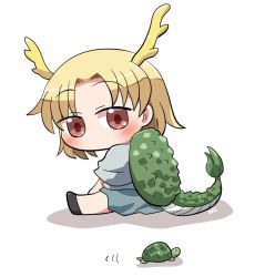 Rule 34 | 1girl, animal, antlers, blonde hair, blue shirt, blush, dragon horns, dragon tail, green skirt, horns, kicchou yachie, motion lines, red eyes, rokugou daisuke, shirt, short hair, short sleeves, signature, simple background, skirt, solo, tail, touhou, turtle, turtle shell, white background, yellow horns