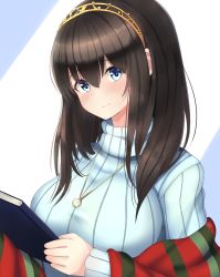 Rule 34 | 1girl, black hair, blue eyes, blue sweater, blush, book, breasts, closed mouth, diadem, hair between eyes, holding, holding book, i.f.s.f, idolmaster, idolmaster cinderella girls, jewelry, large breasts, long hair, looking at viewer, necklace, pendant, ribbed sweater, sagisawa fumika, shawl, smile, solo, sweater, turtleneck, turtleneck sweater