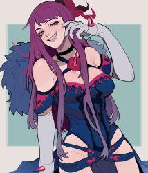 Rule 34 | 1girl, absurdres, bare shoulders, breasts, cleavage, dress, elbow gloves, fire emblem, fire emblem engage, flower, gloves, hair ornament, highres, ivy (fire emblem), jewelry, large breasts, long hair, looking at viewer, mole, mole under mouth, nintendo, porqueloin, purple eyes, purple hair, rose, seductive smile, smile, solo, teeth, very long hair, white gloves
