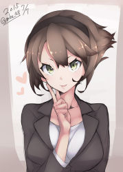 Rule 34 | 10s, 1girl, 2015, blazer, breasts, brown hair, dated, formal, gradient background, green eyes, hairband, heart, highres, jacket, kantai collection, large breasts, looking at viewer, mku, mutsu (kancolle), short hair, sketch, solo, suit, twitter username, upper body
