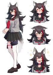Rule 34 | 1girl, :3, :d, = =, alternate costume, animal ear fluff, animal ears, black hair, black skirt, choker, closed eyes, cropped torso, crying, crying with eyes open, fang, fingers together, full body, grey serafuku, highres, hololive, loafers, long hair, long sleeves, looking at viewer, mikan (chipstar182), multicolored hair, multiple views, neckerchief, ookami mio, open mouth, pleated skirt, red hair, sailor collar, school uniform, serafuku, shoes, simple background, skin fang, skirt, smile, standing, streaked hair, tail, tail around own leg, tears, thighhighs, very long hair, virtual youtuber, white background, white thighhighs, wolf ears, wolf girl, wolf tail, yellow eyes, zettai ryouiki