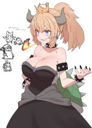 Rule 34 | 1girl, armlet, black dress, black nails, blonde hair, blue eyes, bobby (paper mario), bowser jr., bowsette, bracelet, breasts, breath weapon, breathing fire, brooch, cleavage, collar, collarbone, covered navel, crown, dress, earrings, fingernails, fire, grin, hand on own hip, highres, horns, jewelry, kamek, large breasts, long hair, looking afar, mario (series), nail polish, new super mario bros. u deluxe, nintendo, olivia (paper mario), paper mario, paper mario: the origami king, ponytail, sharp fingernails, sharp teeth, simple background, smile, spiked armlet, spiked bracelet, spiked collar, spiked shell, spikes, strapless, strapless dress, sumiyao (amam), super crown, teeth, translation request, white background