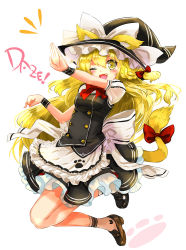 Rule 34 | 1girl, :d, animal ears, apron, blonde hair, blush, bow, braid, cat ears, cat tail, dress, full body, hat, kanipanda, kemonomimi mode, kirisame marisa, loafers, long hair, one eye closed, open mouth, paw print, shoes, side braid, simple background, skirt, smile, socks, solo, tail, touhou, waist apron, wink, witch hat, yellow eyes, ze (phrase)