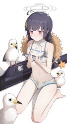 Rule 34 | 1girl, absurdres, ahoge, animal, artist name, barefoot, bikini, bird, black hair, blue archive, blush, braid, bright pupils, choker, closed mouth, commentary, dated, fish, flat chest, gmi (jimmyovob), grey halo, halo, hat, hat on back, highres, holding, holding animal, holding fish, kneeling, leaf, leaf on head, leaf print, long hair, miyu (blue archive), miyu (swimsuit) (blue archive), navel, official alternate costume, print bikini, red eyes, ribbon choker, seagull, simple background, solo, starfish, straw hat, sweat, swimsuit, symbol-only commentary, twin braids, weapon case, white background, white bikini, white halo, white pupils