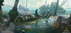 Rule 34 | absurdres, aircraft, battlefield, cloud, commentary, damaged, debris, dirty, english commentary, english text, fog, highres, hovercraft, impaled, machinery, mecha, moss, original, realistic, robot, rust, science fiction, severed limb, sword, tyler edlin, water, watercraft, weapon, wetland, wreckage