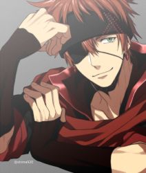 Rule 34 | 1boy, biceps, black gloves, black headband, commentary request, d.gray-man, elbow gloves, eyepatch, fingerless gloves, flexing, gloves, green eyes, grey background, headband, lavi, looking at viewer, male focus, mashima shima, red hair, red scarf, scarf, smile, solo, twitter username, upper body
