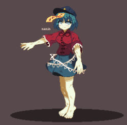 Rule 34 | 1girl, barefoot, black hat, black ribbon, blue eyes, blue hair, blush, breasts, cabbie hat, chinese clothes, closed mouth, commentary request, full body, grey skirt, hat, jiangshi, kaaaarin, looking at viewer, medium breasts, miyako yoshika, neck ribbon, ofuda, outstretched arms, pixel art, red shirt, ribbon, shirt, short hair, short sleeves, simple background, skirt, smile, solo, standing, star (symbol), tangzhuang, touhou, zombie pose