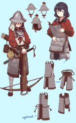 Rule 34 | 1girl, armor, arrow (projectile), black hair, blue background, bow (weapon), brown eyes, chinese armor, chinese clothes, crossbow, english text, fangdan runiu, helmet, highres, long hair, multiple views, original, quiver, sheath, sheathed, simple background, smile, soldier, sword, weapon