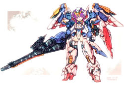 Rule 34 | 1girl, artist name, boots, breasts, cleavage, clenched hand, dated, gun, gundam, gundam wing, highres, holding, holding gun, holding weapon, leotard, mecha musume, mechanical legs, medium breasts, armored boots, open mouth, personification, purple eyes, purple hair, rondo bell, shield, smile, solo, thigh boots, thighhighs, v-fin, weapon, white leotard, wing gundam, wing gundam (ew)