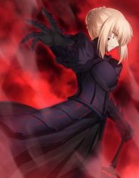 Rule 34 | 1girl, armor, armored dress, artoria pendragon (fate), black dress, blonde hair, braid, breastplate, dress, fate/grand order, fate/stay night, fate (series), gauntlets, highres, layered dress, minamina, outstretched arm, purple dress, saber (fate), saber alter, solo, sword, weapon, yellow eyes
