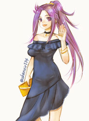 Rule 34 | 1girl, :d, bag, bare shoulders, blue nails, bracelet, breasts, choker, dress, hair ornament, handbag, highres, jewelry, jun&#039;you (kancolle), kantai collection, long hair, looking at viewer, medium breasts, nail polish, open mouth, ponytail, purple eyes, purple hair, sidelocks, smile, solo, spiked hair, strapless, strapless dress, twitter username, uka (kikarosso25), waving