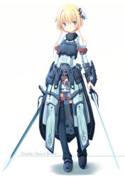 Rule 34 | 1girl, armor, asahiage, blonde hair, blue eyes, dual wielding, holding, looking at viewer, original, poco (asahi age), short hair, simple background, solo, standing, sword, weapon, white background