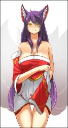 Rule 34 | 1girl, ahri (league of legends), animal ears, bare shoulders, black hair, blush, breasts, cleavage, collarbone, detached sleeves, facial mark, fang, fox ears, fox tail, gluteal fold, highres, korean clothes, large breasts, league of legends, looking at viewer, multiple tails, simple background, slit pupils, solo, tail, whisker markings, white background, yellow eyes