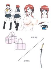 Rule 34 | 1girl, absurdres, ass, bag, bare legs, boots, breasts, character sheet, concept art, curvy, female focus, full body, highres, kagami hirotaka, knife, koutetsu no majo anneroze, large breasts, lilith-soft, looking at viewer, multiple views, nipples, nude, official art, otonashi miki, red hair, school uniform, short hair, short twintails, skirt, smile, standing, translation request, twintails, weapon, white background