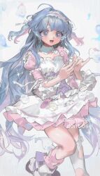 Rule 34 | 1girl, :d, absurdres, ahoge, blue eyes, blue hair, commission, diurtion, dress, flower-shaped pupils, frilled dress, frills, ghost, hair ornament, hairband, highres, juliet sleeves, long hair, long sleeves, looking at viewer, multicolored hair, open mouth, original, pink hair, puffy sleeves, smile, solo, symbol-shaped pupils, thighhighs, two-tone hair, two side up, very long hair, virtual youtuber, watermark, white background, white dress, white footwear, white thighhighs, x hair ornament