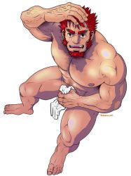 Rule 34 | 1boy, abs, alternate hairstyle, armpit hair, bara, bare pectorals, beard, brown eyes, chest hair, covering crotch, covering privates, dark-skinned male, dark skin, facial hair, fate/grand order, fate (series), from above, full body, highres, iskandar (fate), large pectorals, looking at viewer, male focus, mature male, muscular, muscular male, naked towel, navel hair, nipples, pectorals, red hair, short hair, sitting, smile, solo, stomach, thick eyebrows, thick thighs, thighs, towel, tsukasa matsuzaki, veins, white background