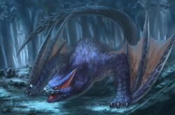 Rule 34 | absurdres, beak, claws, dragon, forest, highres, monster, monster hunter (series), nargacuga, nasuno posi, nature, no humans, open mouth, outdoors, sharp teeth, spikes, tail, teeth, wyvern, yellow eyes