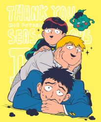 Rule 34 | 3boys, black eyes, black footwear, black hair, black jacket, blazer, blonde hair, blue jacket, blue pants, blue suit, blunt bangs, blush stickers, buttons, character request, collared jacket, commentary, ekubo (mob psycho 100), english commentary, english text, fingernails, formal, full body, gakuran, ghost, grey jacket, grey pants, grey suit, hand on another&#039;s shoulder, hands on own cheeks, hands on own face, happy, high collar, jacket, kageyama shigeo, layered sleeves, long sleeves, looking at viewer, lying, male focus, mich0307mob, mob psycho 100, multiple boys, nervous, on stomach, open mouth, pants, reigen arataka, school uniform, shirt, shoes, short hair, simple background, smile, smoke, sparkle, suit, very short hair, white shirt, yellow background