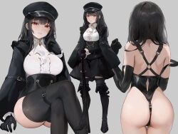 Rule 34 | 1girl, ass, bare shoulders, black footwear, black gloves, black hair, black headwear, black skirt, blush, boots, breasts, chowbie, closed mouth, commentary, crossed legs, elbow gloves, english commentary, gloves, grey background, hat, large breasts, long sleeves, looking at viewer, maid master, multiple views, parted lips, red eyes, simple background, sitting, skirt, smile, thigh boots, thighhighs, thighhighs under boots, thighs