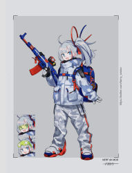 Rule 34 | 1girl, absurdres, ahoge, backpack, bag, bandaid, bandaid on cheek, bandaid on face, bandaid on nose, blue eyes, buckle, camouflage, camouflage jacket, camouflage pants, commentary request, eyewear on head, fami (yellow skies), full body, glasses, grey background, grey hair, hair ribbon, highres, jacket, long hair, long sleeves, looking at viewer, nerf gun, original, pants, ribbon, side ponytail, snap-fit buckle, solo, standing, tinted eyewear, two-tone background, two-tone gloves, v-shaped eyebrows