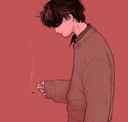 Rule 34 | 1boy, bad id, bad pixiv id, character request, cigarette, commentary, copyright request, facial hair, from side, katsuoboshi, limited palette, long sleeves, male focus, parted lips, profile, short hair, sleeves past wrists, smoking, solo, stubble, sweater, upper body