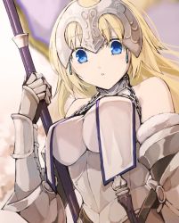 Rule 34 | 1girl, armor, armored dress, blonde hair, blue eyes, chain, collar, fate/apocrypha, fate/grand order, fate (series), gauntlets, headpiece, holding, jeanne d&#039;arc (fate), jeanne d&#039;arc (ruler) (fate), kino kokko, long hair, looking at viewer, metal collar, plackart, pole, solo