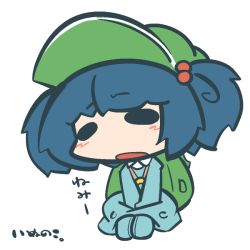 Rule 34 | 1girl, backpack, bad id, bad pixiv id, bag, blue hair, chibi, hair bobbles, hair ornament, hat, inunoko., kawashiro nitori, key, open mouth, short hair, simple background, sitting, solo, touhou, twintails, two side up, white background