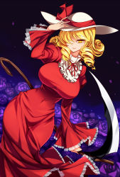 1girl, absurdres, bangs, blonde hair, breasts, covered navel, dress, drill locks, dutch angle, elly (touhou), feet out of frame, flower, frilled sleeves, frills, hair over one eye, hat, hat ribbon, highres, holding, holding scythe, juliet sleeves, large breasts, long sleeves, looking at viewer, medium hair, petals, puffy sleeves, purple background, purple flower, purple rose, raptor7, red dress, ribbon, rose, scythe, smile, solo, standing, sun hat, swept bangs, touhou, white headwear, wide sleeves, yellow eyes