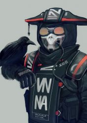 Rule 34 | 1other, ambiguous gender, animal on arm, apex legends, bird, bird on arm, black gloves, black jacket, bloodhound (apex legends), cable, clenched hand, crow, gloves, goggles, grey background, helmet, highres, jacket, mask, official alternate costume, official art, road warrior bloodhound, shiori (moechin), solo