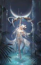 Rule 34 | 1girl, absurdres, animal ears, arknights, arm up, arrow (projectile), bandeau, bare arms, bare legs, bare shoulders, bikini, bow (weapon), chinese commentary, commentary request, crescent moon, criss-cross halter, crossed legs, full body, halterneck, highres, holding, holding arrow, holding bow (weapon), holding weapon, laurel crown, crossed legs, long hair, looking up, moon, navel, official alternate costume, platinum (arknights), platinum (shimmering dew) (arknights), profile, silver hair, solo, spade-m, standing, stomach, swimsuit, watson cross, weapon, white bikini