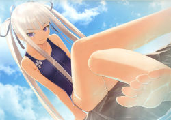 Rule 34 | 1girl, absurdres, barefoot, feet, female focus, flat chest, foot focus, foreshortening, from below, highres, houmei, legs, crossed legs, long legs, looking at viewer, one-piece swimsuit, purple eyes, sega, shining (series), shining wind, sitting, smile, soles, solo, swimsuit, toes, tony taka, twintails, water, white hair