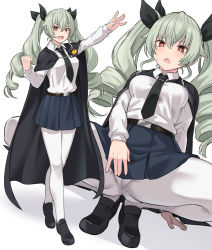 Rule 34 | 1girl, anchovy (girls und panzer), black cape, black necktie, black ribbon, blush, breasts, cape, full body, girls und panzer, green hair, long hair, long sleeves, looking at viewer, medium breasts, multiple views, necktie, open mouth, pantyhose, red eyes, ribbon, shiseki hirame, skirt, smile, squatting, twintails
